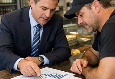 two men in suits and ties are looking at a pie