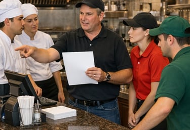 a group of people standing around a counter top