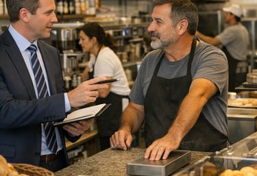 a man in a suit and tie is talking to a man in a suit