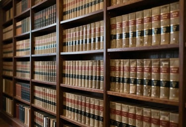 Interior of a traditional legal library in Brazil, with rows of dark wood shelves filled with law books, muted lighting, professional and quiet atmosphere.