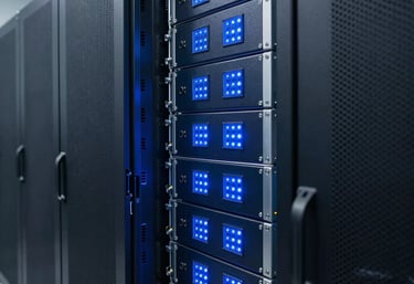 A modern server room with blue LED indicators and clean metallic surfaces, representing technical infrastructure, dark navy blue and steel blue palette.