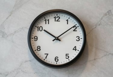 A refined, detailed shot of a minimalist analog clock on a marble wall in a North American professional setting, representing precision.