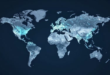 An abstract global map with shimmering data points, representing a connected world of finance, sophisticated and modern, using #1C3B4E and #E0E8F0.