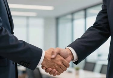 A firm and professional handshake between two individuals in business attire, set against a blurred background of a modern Colombian corporate office, bright and trustworthy mood.
