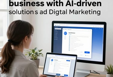 A team of professionals collaborating over AI technology and digital marketing strategies in a modern office.