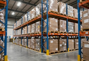 Interior view of a high-tech Brazilian distribution warehouse. Cargo is neatly organized on steel blue racking systems. The space is clean, well-lit, and secure, reflecting a professional operation.