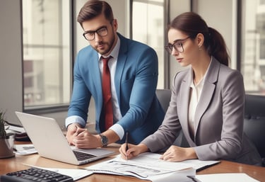 A professional consultant advising a small business owner in a bright office setting.