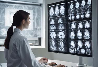 A team collaborating over laptops with AI code and charts displayed on screens.