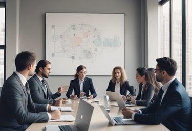 A diverse team collaborating around a laptop with AI code on screen in a modern office.