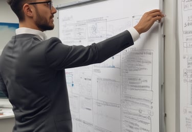 Close-up of hands sketching AI-driven automation workflows on a transparent board.