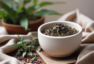 A serene cup of herbal tea surrounded by fresh herbs and soft natural light.