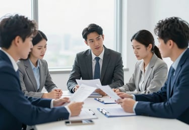 A diverse group of professionals in a bright meeting room, discussing documents with calm focus. Use of #2B4A6A and #E8ECF0.