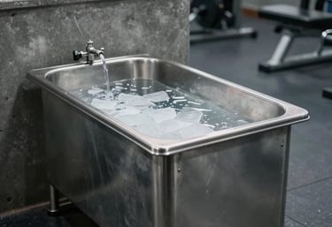 A focused, cinematic shot of a stainless steel ice bath in a modern training academy. The surrounding environment is dark gray concrete. Global / Performance Athletics.
