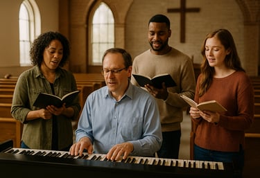 A diverse church choir singing from hymnals while a man plays the piano in a chapel.