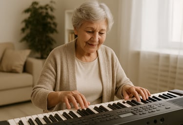 Smiling senior woman playing a digital piano keyboard at home for music therapy and leisure.