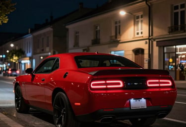 The Dodge Challenger at night under city lights in Montbéliard. Tail lights trails, deep red and dark navy tones, urban atmosphere.