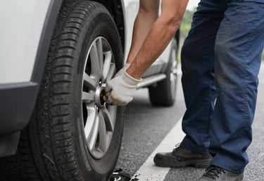 A friendly tow truck driver helping a relieved customer beside a roadside.