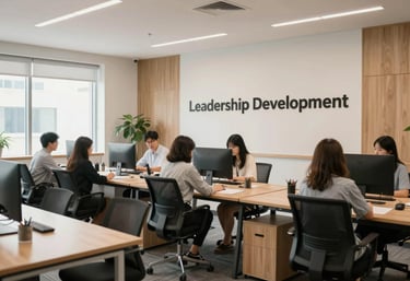 A bright and airy North American workspace used for leadership development. The room is modern and clean, with wooden accents and natural light, symbolizing a place of growth and renewed purpose.