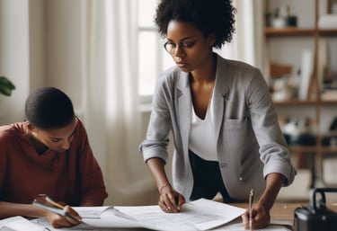 A designer discussing decoration plans with clients over a mood board and fabric samples.