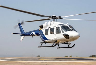 An action shot of a rotary wing aircraft (helicopter) taking off from a landing pad in Nairobi, with a clear light blue sky. The composition is dynamic, emphasizing movement and the excitement of aviation.