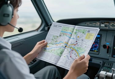 A close-up of a student's hands holding a professional flight navigation map and a headset, sitting inside a cockpit. The aesthetic is clean and educational, with soft light blue tones.