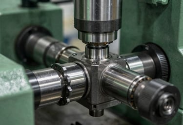 Close-up of high-precision machinery in a Mexican factory, capturing the textures of steel and movement, professional photography with a forest green tint.