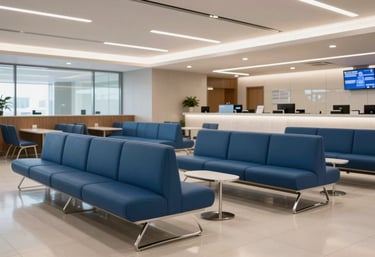 A bright and airy photography of a premium airport lounge in India, featuring modern blue seating and a clean, luxury professional atmosphere.