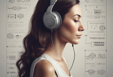Close-up of headphones resting on a serene background with sound waves floating.
