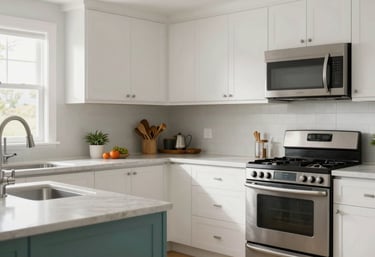 A bright, clean, and pest-free modern North American / US kitchen. The image is airy and inviting, symbolizing the peace of mind of a protected home, with subtle Oceanic Teal accents in the decor.