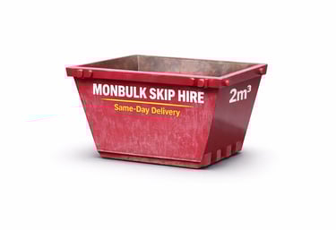 maroon 2 m3 mini skip with signage for monbulk skip hire same day delivery on the side
