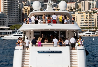 A sleek luxury yacht slicing through calm blue waters under a clear sky.
