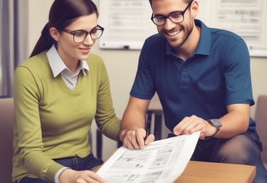 A professional coaching session with a mentor guiding a client in an office setting.