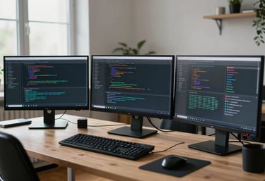 An organized workspace with multiple monitors displaying code and network diagrams, located in a bright European apartment.