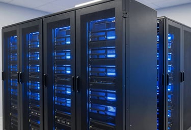 A clean, modern server room in an International / Global data center, with Soft Sky Blue cooling lights and Steel Blue panels.