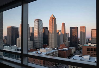 A sophisticated North American / US cityscape view through a clean office window at dusk, reflecting a professional and innovative mood.