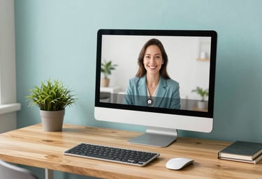 A clean, bright North American / US home office set up for a telehealth call, featuring a modern computer screen, warm wooden desk, and a small green plant, conveying a professional yet compassionate atmosphere. Light teal accents.