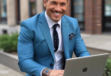 A confident professional in a casual office setting, reviewing financial documents with a laptop open.