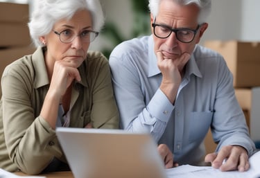 A joyful middle-aged couple reviewing a relocation checklist together in a sunny Florida living room.