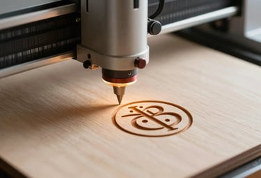 A macro photograph of a laser cutter engraving a detailed logo into natural wood in a European / French workshop, warm glow, professional style.