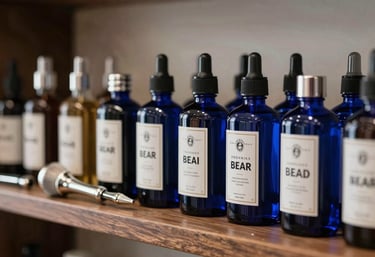 Close-up of a shelf with dark blue glass bottles of premium beard oils and silver grooming accessories. The atmosphere is elegant and clean, typical of a high-end European / Romanian barbershop.