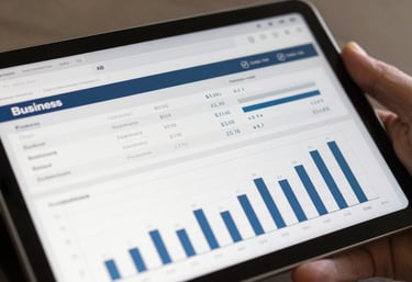 A close-up of a tablet screen displaying organized business spreadsheets and bar graphs in a professional setting.