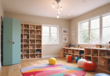 A warm therapy room with soft pastel colors and playful toys for children.