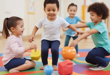 A therapist gently guiding a child through a motor skills exercise in a bright, calm space.