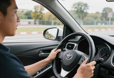 A calm driving lesson scene with a student and instructor inside a manual car.