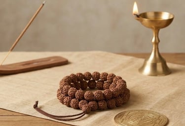Natural Rudraksha prayer beads and a golden Yantra coin on a wooden table, featuring soft incense smoke and a brass lamp.