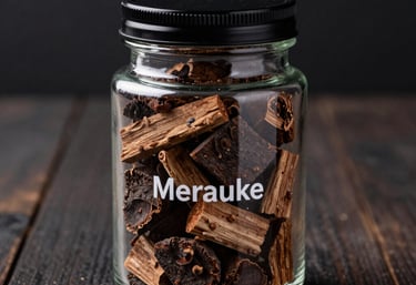 A luxury product shot of a dark glass jar filled with premium Merauke Oud wood chips, setting on a rustic dark wood surface, Indonesia.