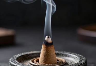 A close-up shot of a dark-toned stone incense holder with a slow-burning cone releasing graceful wisps of white smoke, high contrast moody style.