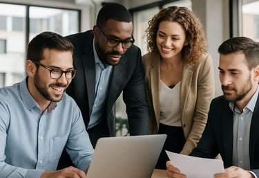A team collaborating on implementing Business Central software on laptops in a bright workspace.