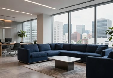 A brightly lit modern office lobby with minimalist furniture in Deep Charcoal Blue and large windows overlooking the city.