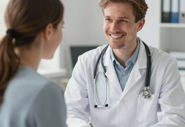 A warm, welcoming nurse smiling as she assists a patient in a bright hospital room.